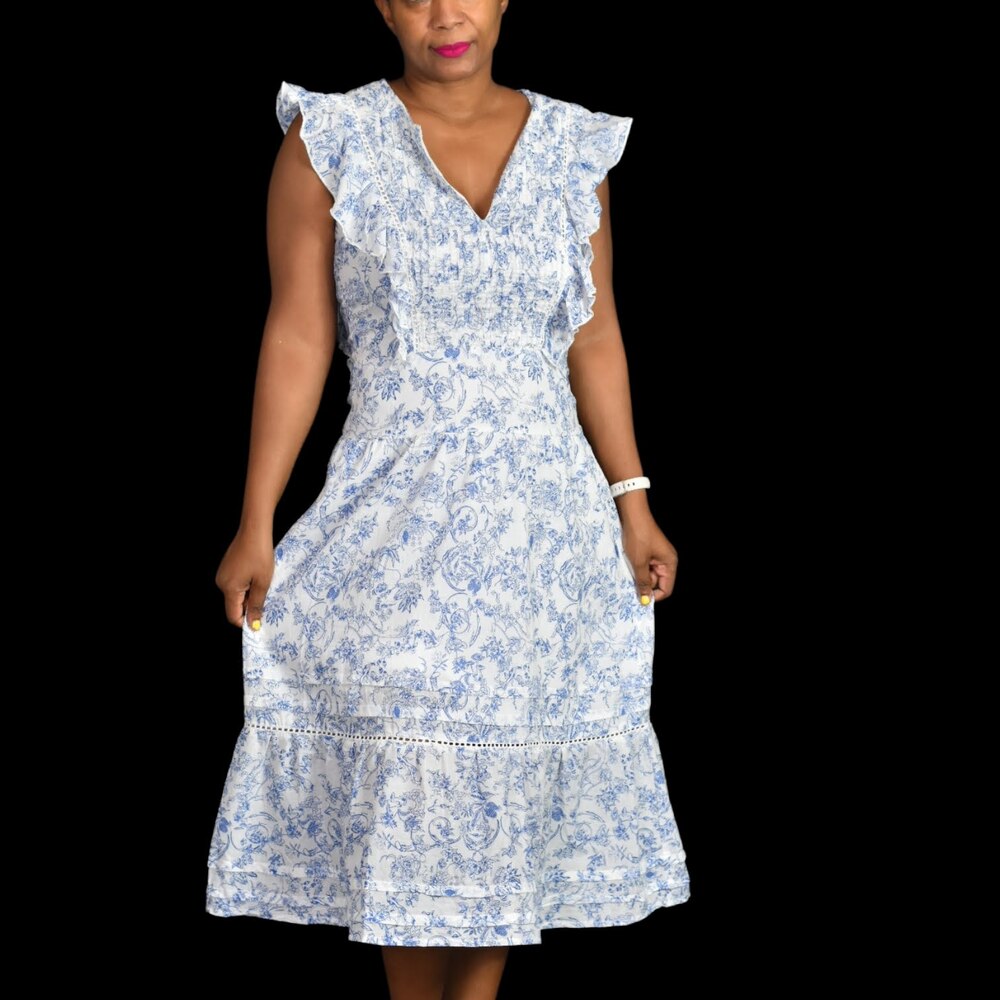St Roche Chanterelle Dress Blue Tier Floral Cottagecore Cotton Toile Midi Size 2